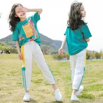 2023 летняя детская одежда для маленьких девочек, детские короткие топы, футболка, газетная бумага + полосатые брюки, спортивный костюм для подростков