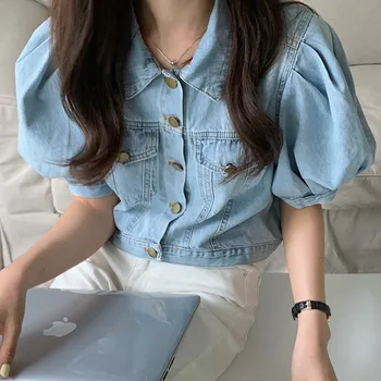 2023 Летняя Женская винтажная джинсовая футболка с квадратным вырезом, Топы с пышными рукавами в корейском стиле, Элегантные ретро синие джинсовые рубашки Укороченного кроя, женские