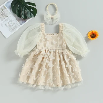 Mildsown/ Комплекты одежды из 2 предметов для маленьких девочек, платье принцессы с бабочкой, платье трапециевидной формы с длинными рукавами и повязка на голову для вечеринки, милая одежда