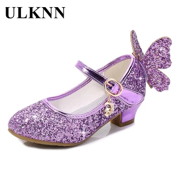 ULKNN/ Детская танцевальная обувь принцессы, кожаная обувь для девочек, повседневная детская обувь с цветочным блеском, обувь для девочек на высоком каблуке с бабочкой и узлом