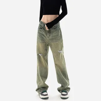 WCFCX STUDIO Рваные винтажные джинсы Женские Y2K, Уличная одежда в стиле хип-хоп, брюки с высокой талией, Модные прямые брюки для мам, женские