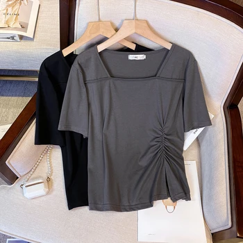XL-4XL, Гофрированная футболка с разрезом Большого размера, Женские Летние Нерегулярные Модные Топы с коротким рукавом и квадратным воротником, Свободная Футболка Оверсайз
