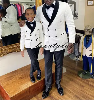 Белый Костюм для мальчиков, Свадебный смокинг из 2 предметов, двубортный Блейзер, комплект брюк, детская куртка, жаккардовый костюм на заказ