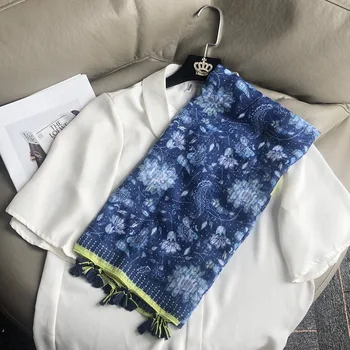 Богемный Ретро Этнический стиль, Солнцезащитная Шаль для путешествий, хлопчатобумажный и льняной шарф, Сине-белый женский шарф в фарфоровый цветок