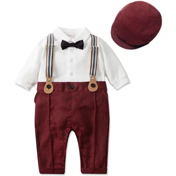 Высококачественный Костюм джентльмена для свадебной вечеринки для маленьких мальчиков, Боди с бантом для новорожденных + шляпа, наряды и комплект, подарок джентльмену на День рождения