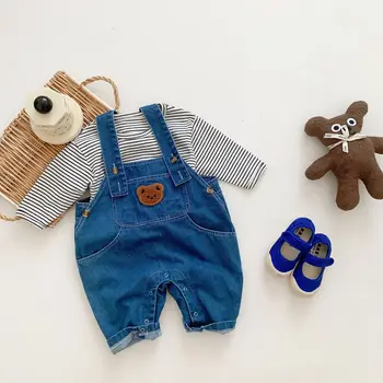 Детский комбинезон, осенний комплект одежды, джинсовый комбинезон с мультяшным медведем, Футболки с длинными рукавами, весенний наряд, детская одежда в корейском стиле