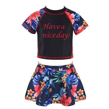 Детский купальный костюм для девочек, Модная футболка с короткими рукавами в цветочек, юбка со встроенными трусами, Детский пляжный купальный костюм, купальники