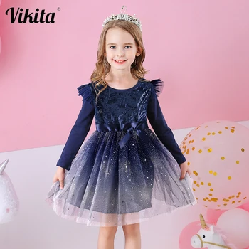 Детское платье VIKITA с длинными рукавами для девочек, платье с бантом, Осенние платья с блестками, вечерние платья Принцессы, детская одежда