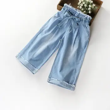 Джинсы Для девочек 2022, Летние Новые Синие Широкие брюки в пять Четвертей, Модные Джинсовые Универсальные брюки Большого размера с высокой талией для Девочек