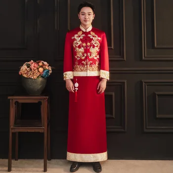 Жених Красный дракон Блестки бисероплетение вышивка Ципао Свадебные платья Танский костюм Hanfu Одежда в традиционном китайском стиле