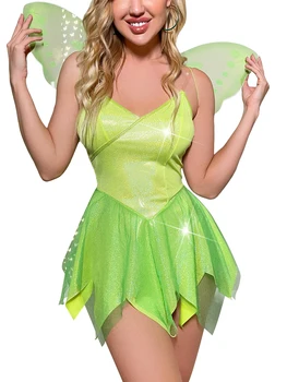 Женский очаровательный костюм феи со сверкающими крыльями и волшебным платьем для Хэллоуина, косплея и клубных вечеринок