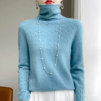 Женский свитер с высоким воротом из 100% шерсти Мериноса, вязаный пуловер для женщин, Осень/Зима, Новый теплый полый свитер для женщин