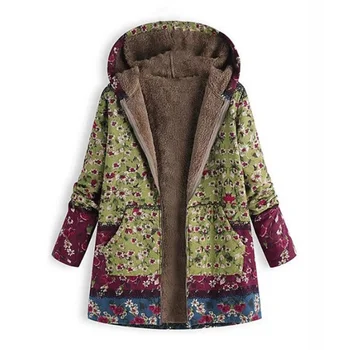 Женское зимнее пальто С капюшоном и карманами, Теплое флисовое пальто с цветочным рисунком, зеленый XL