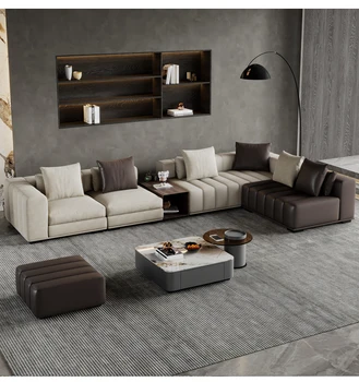 Итальянский минималистичный кожаный модульный диван, легкая роскошная гостиная, большой дизайнерский кожаный диван высокого класса, комбинация клавиш для фортепиано