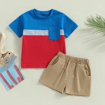 Комплекты Летней одежды для маленьких мальчиков, Топы контрастных цветов с короткими рукавами и круглым вырезом, однотонные повседневные шорты, Комплект детской одежды