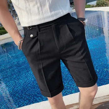 летние высококачественные брюки 2021, мужской модный деловой однотонный костюм, шорты, черные белые облегающие шорты, костюм, брюки с пятью точками