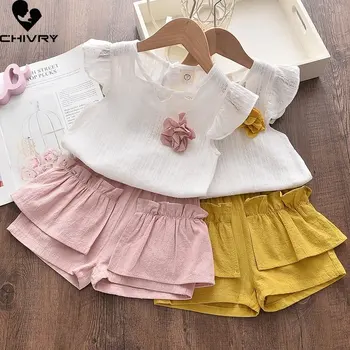 Летняя одежда для девочек, новинка 2023 года, Однотонная кружевная футболка с милым цветком для маленьких девочек, топы с шортами, комплекты детской одежды