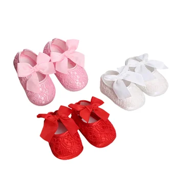 Милые туфли для крещения маленьких девочек, мягкая подошва, платье принцессы с бантом, Нескользящие удобные детские ходунки 0-12 месяцев
