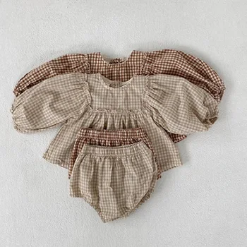 Милый Комплект одежды в клетку для новорожденных Девочек, хлопковая рубашка с длинными рукавами, Топы + шорты из полипропилена, шаровары, 2 предмета, Весенне-осенний костюм