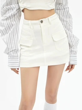 Мини-юбка HOUZHOU Cargo, женская мини-юбка в стиле Гранж, карман для девочек, пэчворк, Сексуальная Тонкая юбка-карандаш с высокой талией, Женская Корейская уличная одежда в стиле Рок