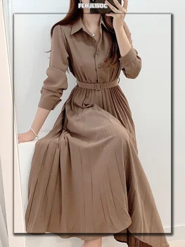 Новый дизайн, женский шик в Японском стиле, Корейская базовая одежда, Повседневный халат, Однотонное хлопчатобумажное Винтажное Длинное платье-рубашка Макси с поясом, Vestidos