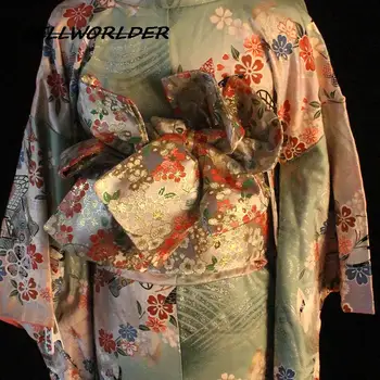 Оригинальные аксессуары для Кимоно в японском стиле, Парчовый пояс с бантом, золотой пояс с цветочным принтом на талии