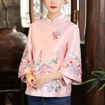 Осенний костюм в этническом стиле Тан, пальто, Винтажные китайские топы с вышивкой Харадзюку, женская Блузка 2023, Элегантная Свободная Женская рубашка