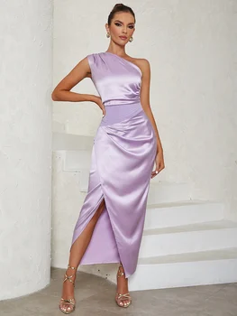 Платье с диагональным воротником и рюшами, Женские однотонные Летние Клубные наряды фиолетового цвета с открытой спиной, Сексуальное вечернее платье на одно плечо