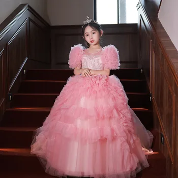 Розовое платье-пачка Принцессы для маленьких девочек, Детское Элегантное Праздничное платье для Торжественной вечеринки, Детское Вечернее коктейльное Пышное платье, Длинное