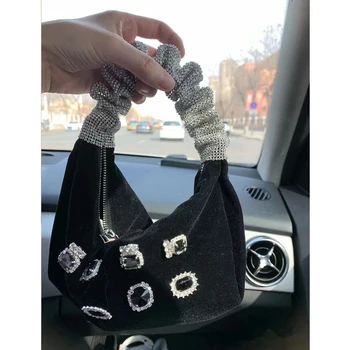 Роскошные женские сумки с бриллиантами, дизайнерские бархатные вечерние сумки для женщин 2023, сумка через плечо с ручкой из горного хрусталя, высококачественный клатч