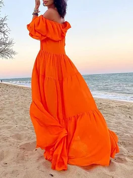 Стильный выбор Onecozyday, Пляжное платье Bohe в складку с пышными рукавами и открытыми плечами, 2023, Платья Макси для летних каникул Для женщин