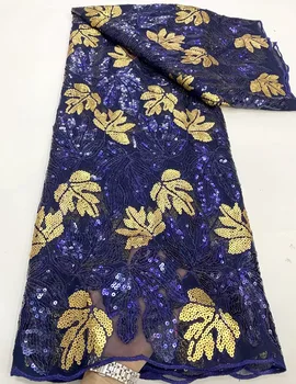 Темно-синяя золотистая африканская кружевная ткань с вышивкой пайетками, Французская кружевная ткань, Высококачественный нигерийский кружевной материал для свадьбы
