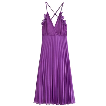 Увядшее французское Элегантное Плиссированное фиолетовое платье, Модное Женское Летнее платье-слинг, Женское платье