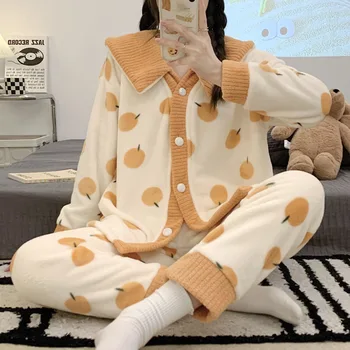 Фланелевая пижама Женская Зимняя и осенняя с длинными рукавами из двух предметов, утепленный теплый Домашний костюм SSexy, Свободная пижама
