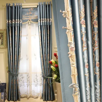Французское окно в спальне, утолщенная готовая ткань для штор, марлевая ткань для окон, роскошный американский стиль, синий