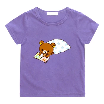 Футболка с рисунком медведя Рилаккума, летняя футболка из 100% хлопка с коротким рукавом для мальчиков/Девочек, детская удобная футболка, Кавайные футболки