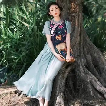 2023 новое китайское национальное ретро летнее повседневное платье с вышивкой, женское длинное свободное повседневное платье с коротким рукавом и отстрочкой, g892
