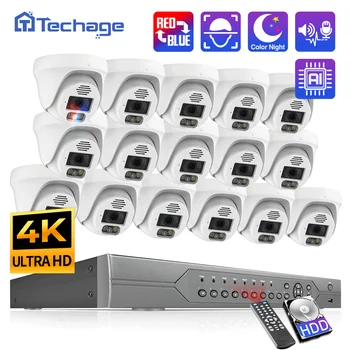 Techage 16CH 8MP 5MP 4K Doom POE Система Камеры Безопасности Полноцветного Ночного Видения Комплект Видеонаблюдения для помещений Двухстороннее Аудио