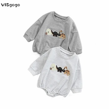 VISgogo/детский комбинезон с вышивкой динозавра, длинный рукав, круглый вырез, нижняя застежка на кнопках, милый комбинезон, осенняя одежда для малышей