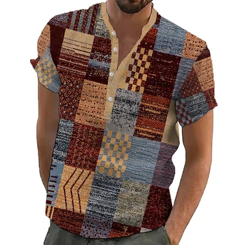 Винтажная мужская рубашка Henley с 3D принтом в стиле пэчворк, топ с коротким рукавом, Дышащие быстросохнущие футболки, Свободная мужская одежда Оверсайз