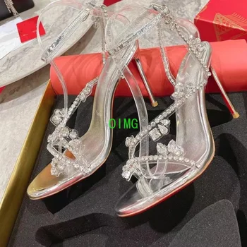Высококачественная женская обувь на высоком каблуке 0-12 см с красной подошвой, роскошные модные женские босоножки с кристаллами, классический дизайнерский каблук в стиле ретро на высоком каблуке