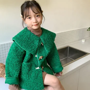 Детское Меховое пальто с роговыми пряжками, осенние куртки в корейском стиле для девочек, однотонные куртки зеленого цвета для детей 7 лет, Верхняя одежда, Детские зимние теплые топы