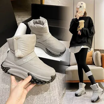 Женские зимние ботинки на пуху, новая хлопковая обувь с плюшем и утолщением, водонепроницаемые белые хлопковые ботинки