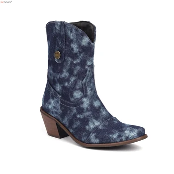 Женские ковбойские сапоги в западном стиле 2023, кожаные джинсовые короткие сапоги, новая осенне-зимняя обувь, удобная обувь, размер США 5,5-14
