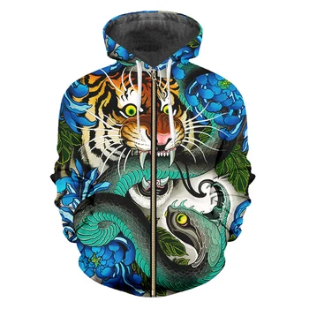 Зимняя толстовка на молнии с 3D принтом, Модная синяя толстовка с рисунком Тигра, змеи, животных, пальто на заказ, Мужская куртка с карманами, Прямая поставка