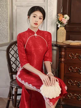 Китайские женские Шифоновые платья Ципао с рукавом 