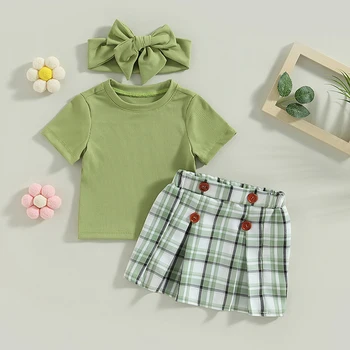 Летняя Одежда для новорожденных, футболка с круглым вырезом и короткими рукавами для маленьких девочек, клетчатая юбка и повязка на голову, 3 шт., одежда