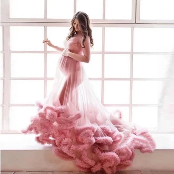 Модные платья, милые розовые оборки тюль длинные линии беременных женщин сексуальный видеть сквозь летние платья Pography беременных платье