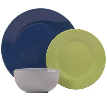 Набор круглой керамической посуды пастельных тонов, 12 предметов, холодные тона