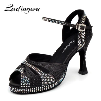 Обувь для латиноамериканских танцев Женская обувь на высокой платформе с блестящими стразами и женские атласные Босоножки для бальных танцев На высоком каблуке 9 см черного цвета